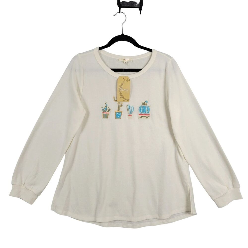 NWT ANDREE BY UNIT 16172 Cream Cactus Succulent Embroidered Sweater SIZE LARGE